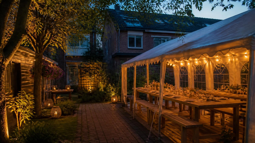 Partytent met lichtslingers en houten tafels in een tuin